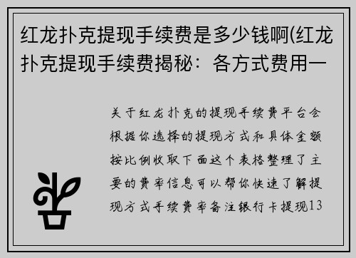 红龙扑克提现手续费是多少钱啊(红龙扑克提现手续费揭秘：各方式费用一览)